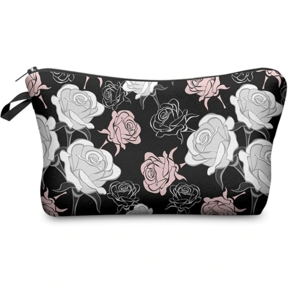 Handbags - Black Pink White Rose Cosmetic Bag